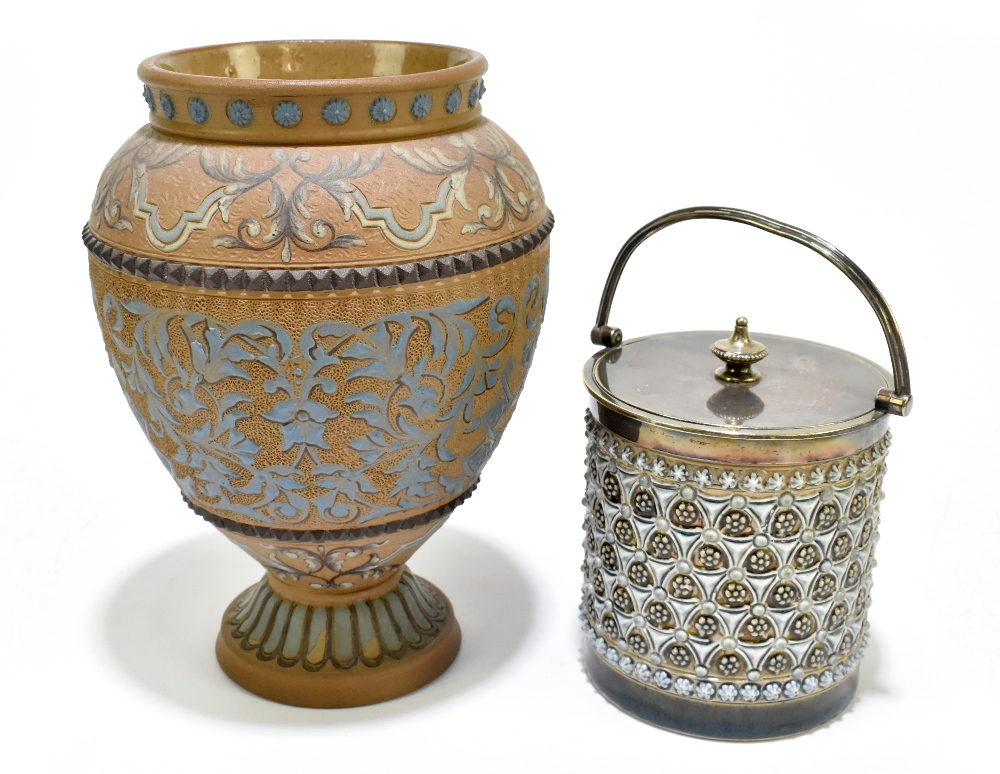 DOULTON LAMBETH; an Art ware preserve jar and cover with silver plated mounts, cover and swing