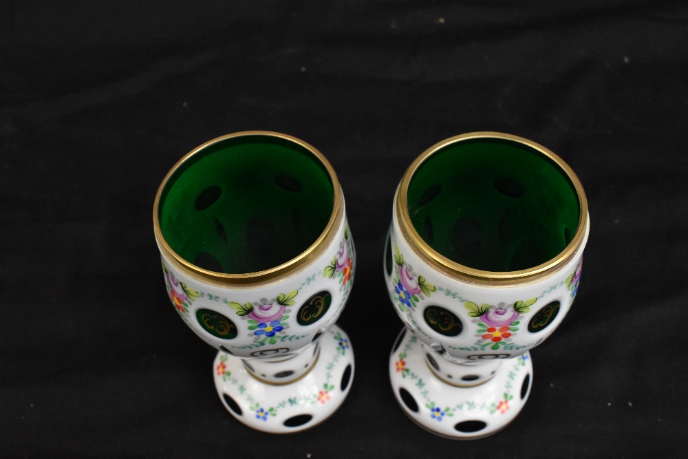 A pair of late 19th century Bohemian opaque flashed green glass vases, with cut detailing and - Image 3 of 3