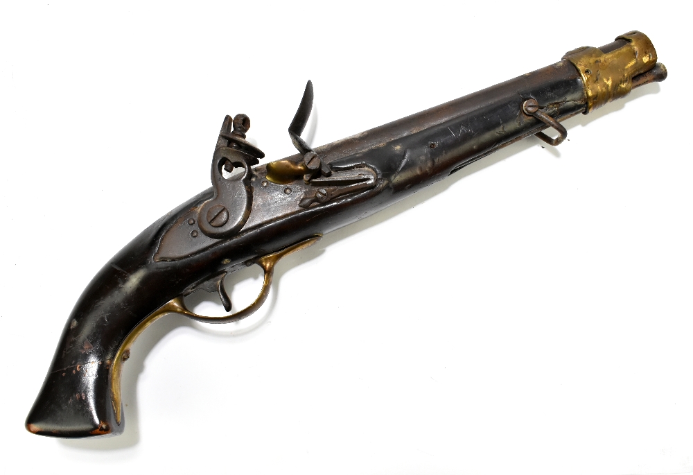 A 19th century flintlock pistol with 9" barrel, mounted on a dark stained stock and mounted with