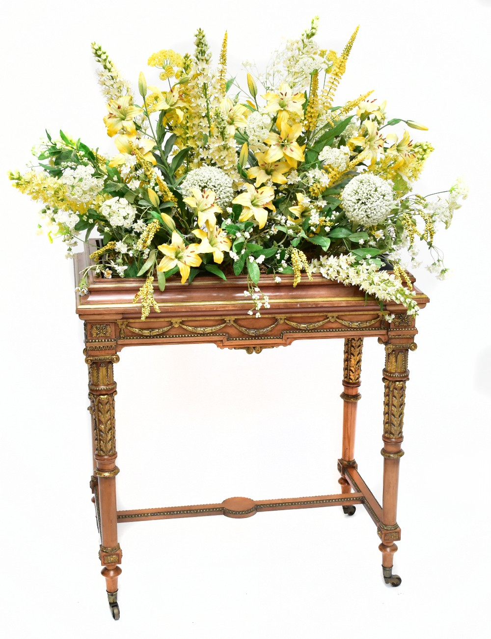 A late 19th century Adam style satinwood and gilt gesso rectangular jardiniere center table,