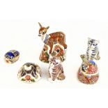 ROYAL CROWN DERBY; six Imari paperweights, comprising Fawn, Mole, Chaffinch Nesting, Millennium Bug,
