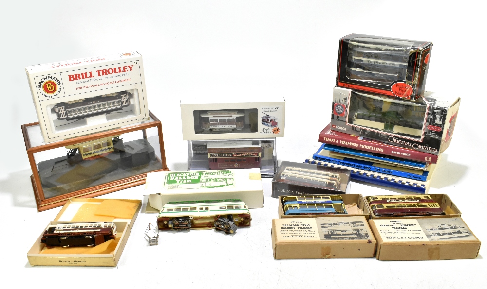 A small group of model trams including a boxed Bachmann Brill Trolley, Corgi Blackpool brush