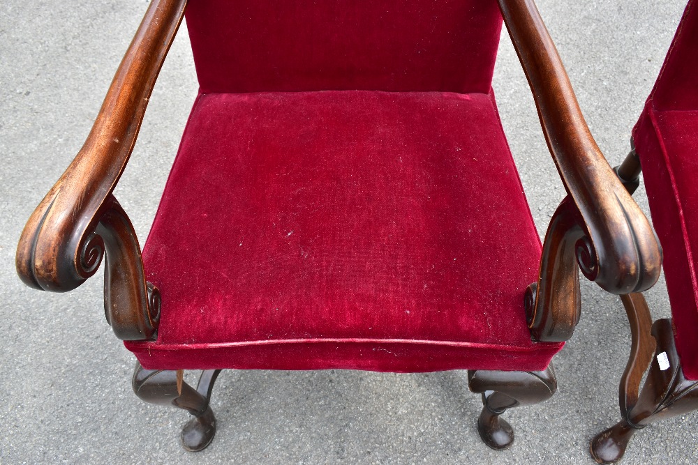 A set of five early 20th century mahogany framed high back dining chairs, upholstered in a red - Image 2 of 3