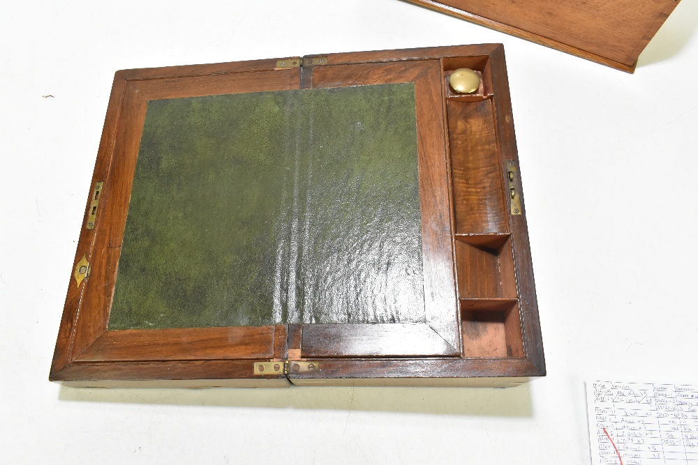 A 19th century mahogany and brass bound writing slope with single glass inkwell, an oak letter - Image 3 of 3