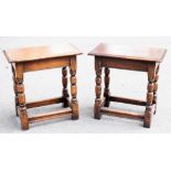 Two 17th century-style oak joint stools, each with a moulded rectangular top on turned legs and