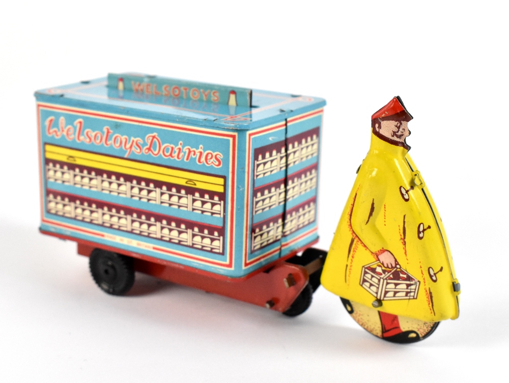 WELSOTOYS; a mid-20th century clockwork tinplate advertising milk float for Welsotoys Dairies,