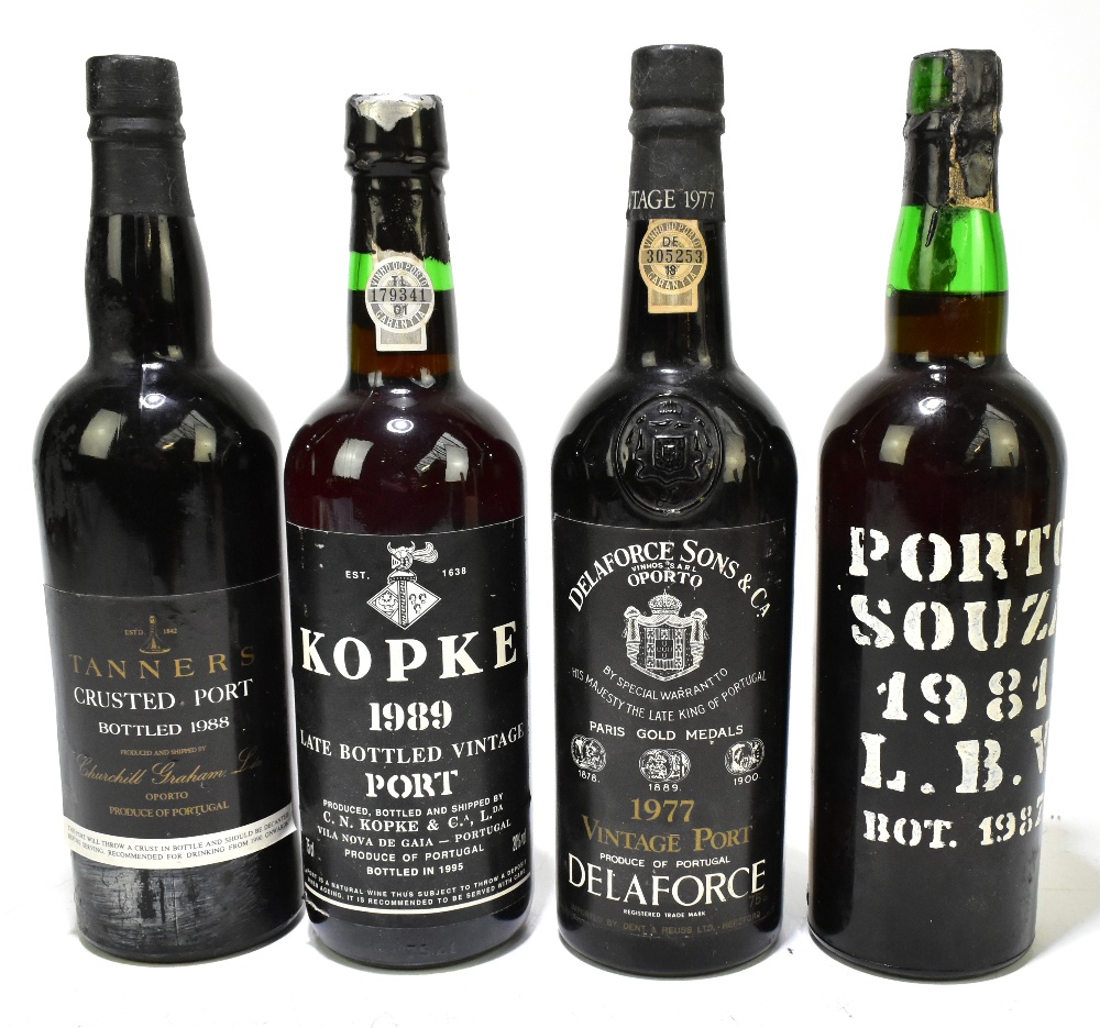 PORT; four bottles comprising Delaforce 1977, Souza 1981 L.B.V. (bottled 1987), Tanners Crusted