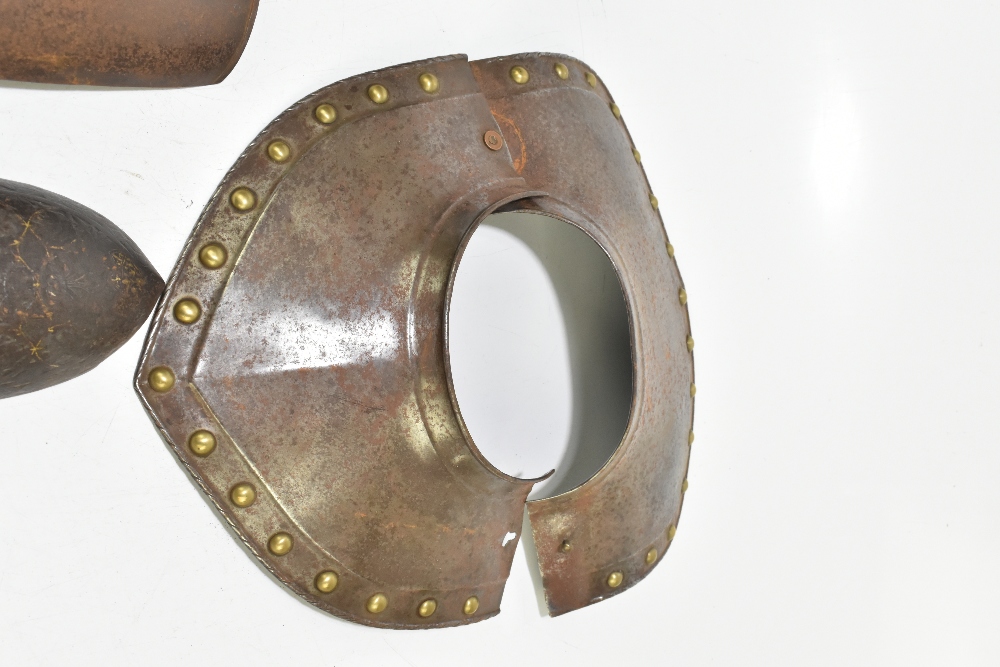 A group of steel armour sections comprising a collar with brass studs, a hinged vambrace, an - Image 6 of 7