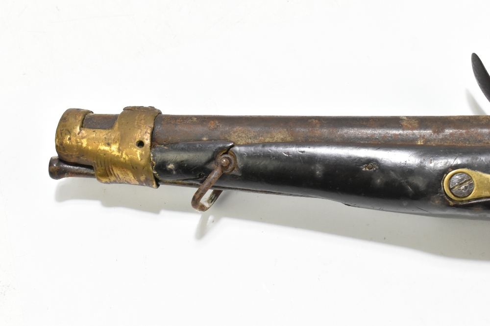 A 19th century flintlock pistol with 9" barrel, mounted on a dark stained stock and mounted with - Image 10 of 11