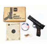 A boxed Webley Premier .22 air pistol with bakelite grips, length 21cm, SN:965. Provenance: The