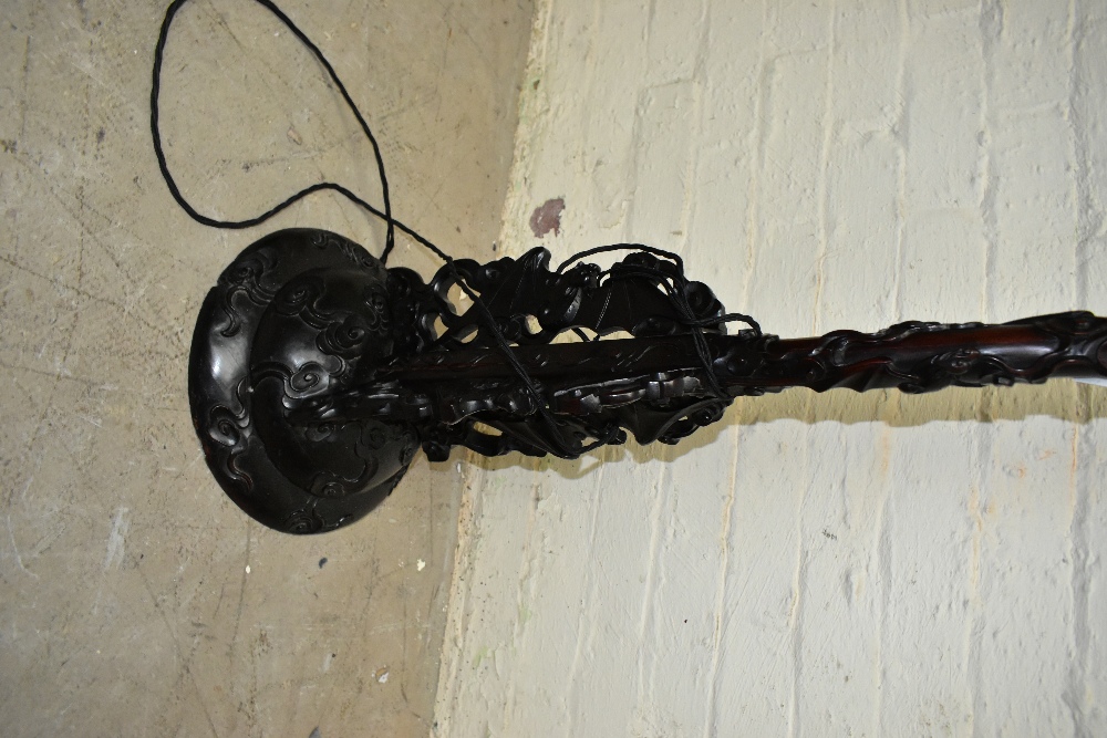 A Chinese carved rosewood standard lamp in the form of a mythical beast, height 178cm (lacking - Image 7 of 9