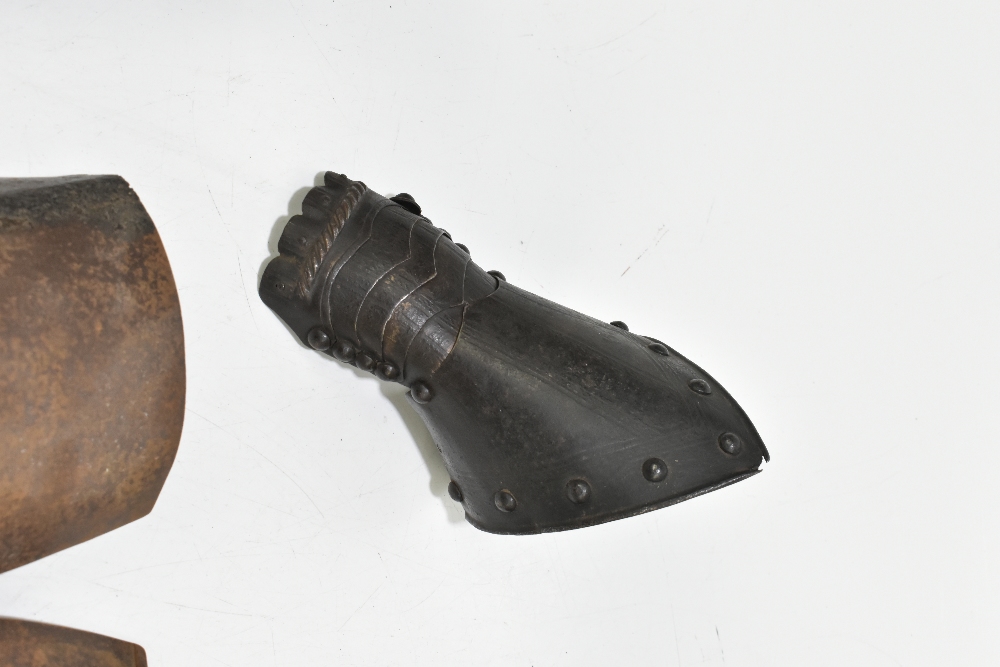 A group of steel armour sections comprising a collar with brass studs, a hinged vambrace, an - Image 5 of 7