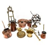 Various brass and copper ware to include jelly moulds, tabletop easels, watering can, jugs,