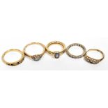 A group of five rings including an 18ct diamond-set example lacking central stone, size L (approx 2.