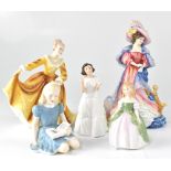 Five Royal Doulton figures comprising HN3708 'Catherine', HN2381 'Kirsty', HN3764 'Welcome',