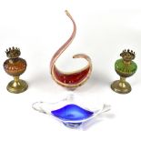 A mixed collection of antique and modern coloured and art glassware to include baskets,