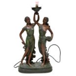 A bronze-effect table lamp in the form of a pair of Classical maidens dancing,