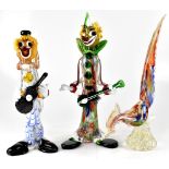 Two Murano glass clowns, height 40cm and a Murano glass cockerel (3).