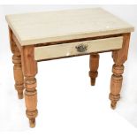 A Victorian painted pine table with single drawer, the top and drawer both painted,