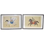 Two Chinese coloured prints of warriors on horseback,