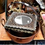 A group of metalware to include a copper jam pan,