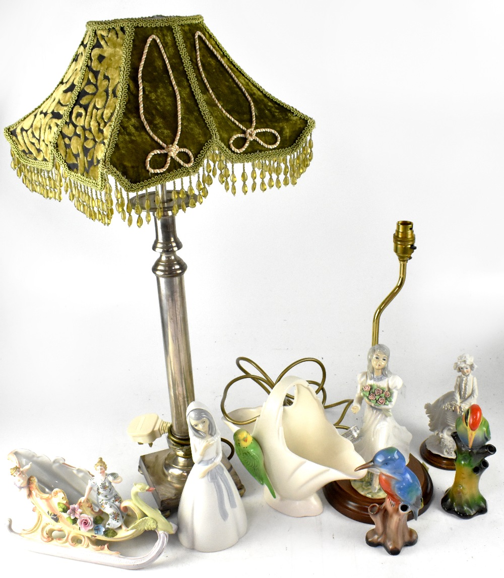 Various collectibles to include a tall plated lamp on square base, raised on four ball feet,