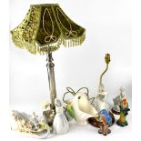 Various collectibles to include a tall plated lamp on square base, raised on four ball feet,