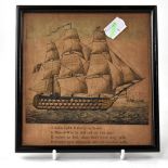 A hand coloured print depicting a tall masted ship with poem underneath 'A noble sight it really is.