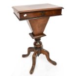 A Victorian burr walnut trumpet form sewing table on a baluster column,