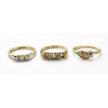Three 18ct gold diamond rings, one set with three small diamonds, size J,