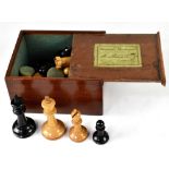 A Jaques boxed set of Staunton chessmen, with red crown marks.