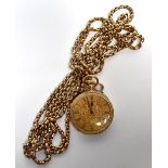 An 18ct yellow gold open faced crown wind fob watch with Roman numerals to the chapter ring and