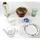 A quantity of glassware to include cut and pressed examples, plates, tazza, Victorian coloured jugs,