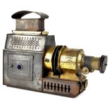 A late 19th century tin plate magic lantern, later converted to electricity, with lens, adjustments,