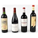 Four bottles of red wine, a 2010 Côte de Brouilly, a 2002 Valserrano Graciano,