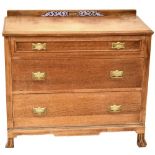 A 19th century oak chest of three long drawers with drop handles, on outswept feet, 85 x 94 x 44cm.