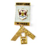 A 14ct gold Masonic medal, the blue ribbon for 'Rodney Lodge, No.