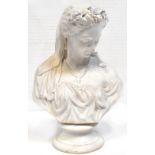 A Parian ware bust of a bride in her headdress, on a circular base, height 28cm (af).