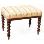 A Victorian mahogany upholstered stool with overstuffed seat, on barleytwist supports,