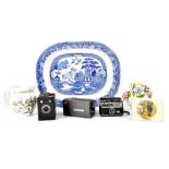 A small quantity of ceramics to include a blue and white meat plate, also three vintage cameras.