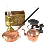 A quantity of brass, copper and silver-plated ware to include a warming pan, teapots, candelabra,