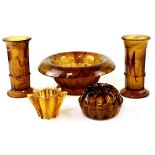 George Davidson amber cloud glass comprising a pair of column-form vases,