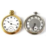 Smiths; a gold-plated keyless wind open face pocket watch and a further chrome pocket watch,