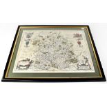 A John Talbot hand coloured engraved map of Shropshire, with coat of arms, in double-sided frame,