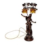 A Victorian-style bronze-effect figural table lamp with a pair of glass shades above a maiden with