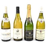 Four bottles of wine, a 2005 Puligny-Montrechet, a 2002 The Society's Chablis,