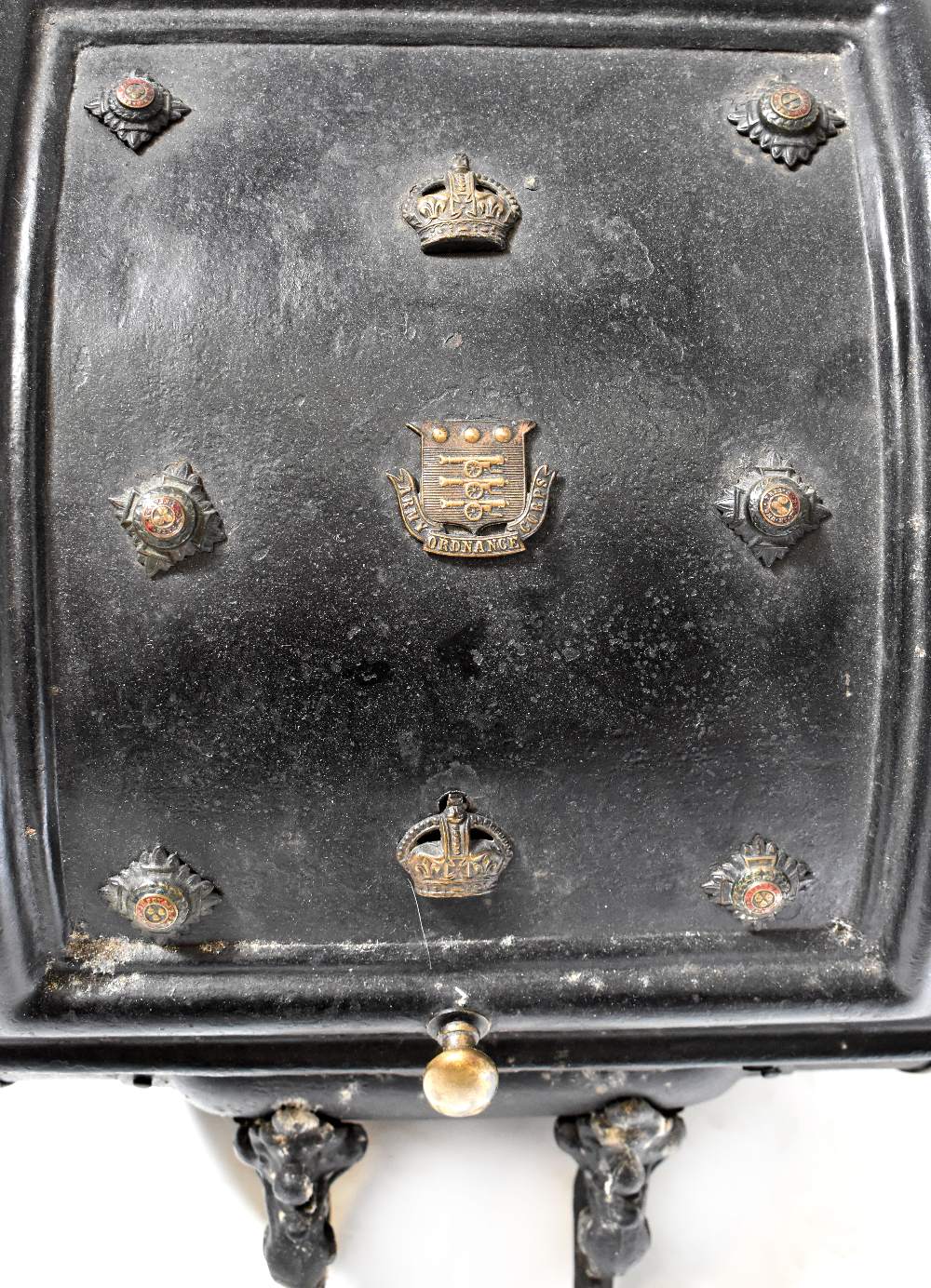 A Victorian metal barrel-form coal scuttle with applied military badges, - Image 2 of 5