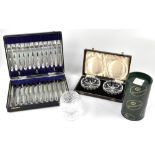 A quantity of silver plate and cut glassware to include a cased set of twelve cake knives and forks,