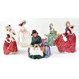 Five Royal Doulton figures, HN2017 'Silk & Ribbons', HN2474 'Elyse' by Peggy Davis,