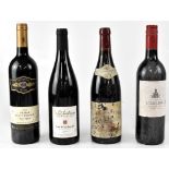 Four bottles of wine, a 2010 Lathuilière Gravallon Chiroubles, a 2005 Morgon Cru de Beaujolais,